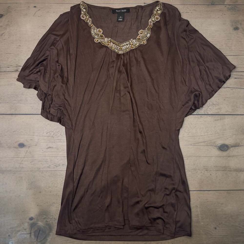 White House Black Market Brown Beaded Embellished Flutter Sleeve Top Size M